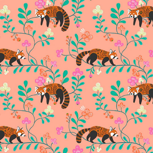 Red Panda Coral METALLIC Gold Blossom Days Bethan Janine Dashwood Studio Quilters Cotton Fabric Fetish