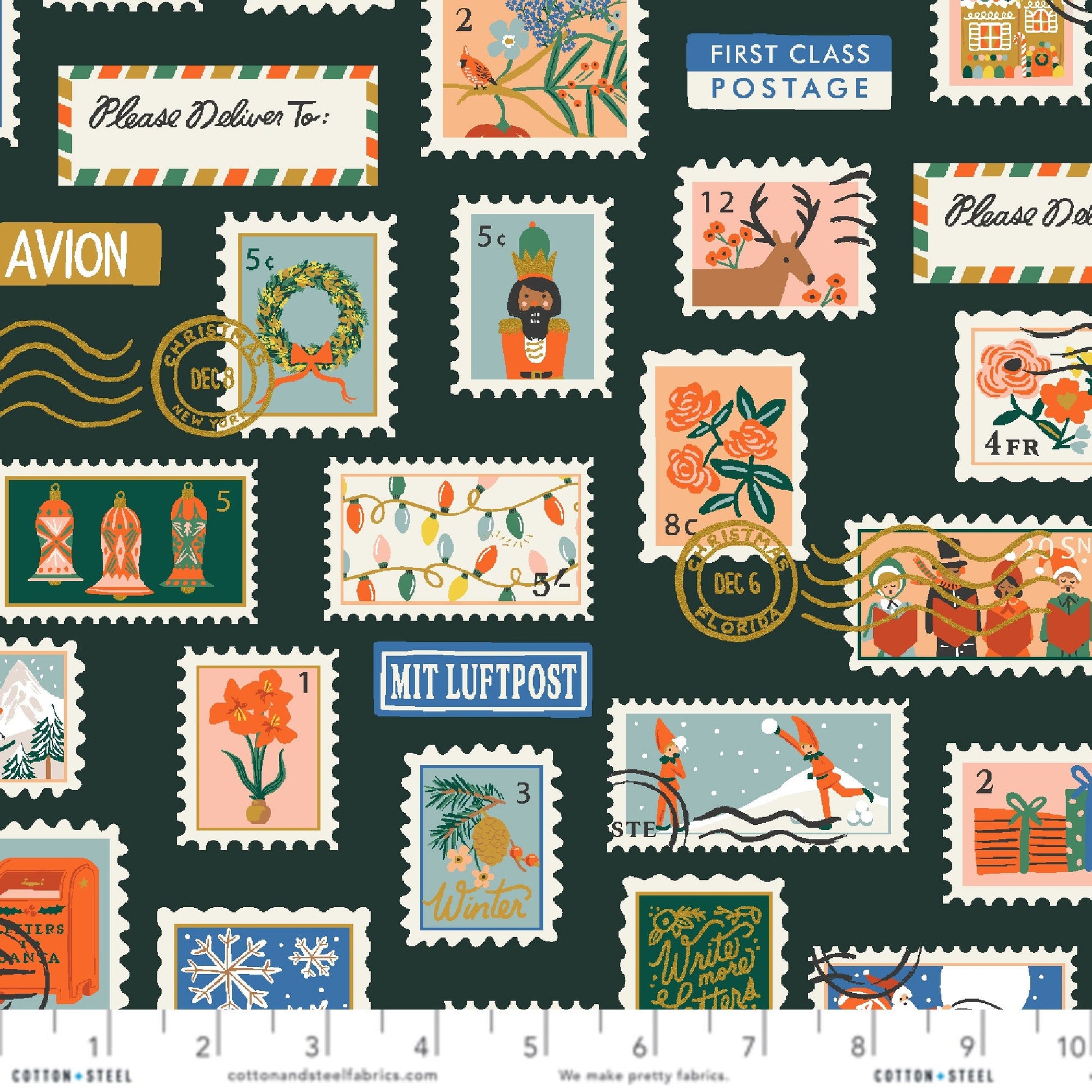 Holiday Stamps Evergreen METALLIC Cotton/Linen CANVAS Holiday Classics ll Anna Bond Rifle Paper Co Cotton + Steel RP613 EV4CM Fabric Fetish