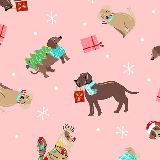 Holiday Dogs Pink Furry and Bright Andover Fabric 100% Quilters Cotton Fabric Fetish