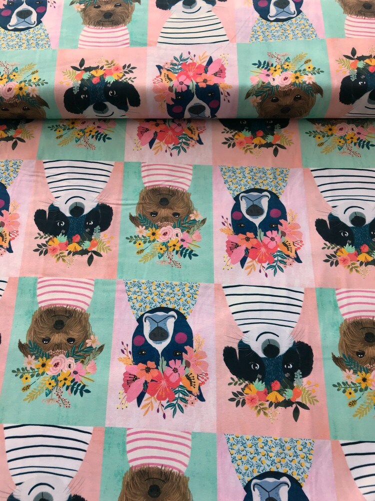Puppies Multi Floral Pets Mia Charro Freespirit Fabrics 100% Quilters Cotton Fabric Fetish