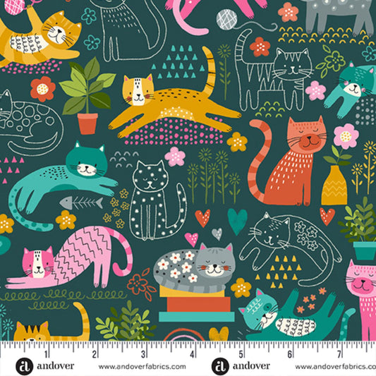 Cats Teal Whiskers Makower UK Andover Fabrics Quilters Cotton Fabric Fetish